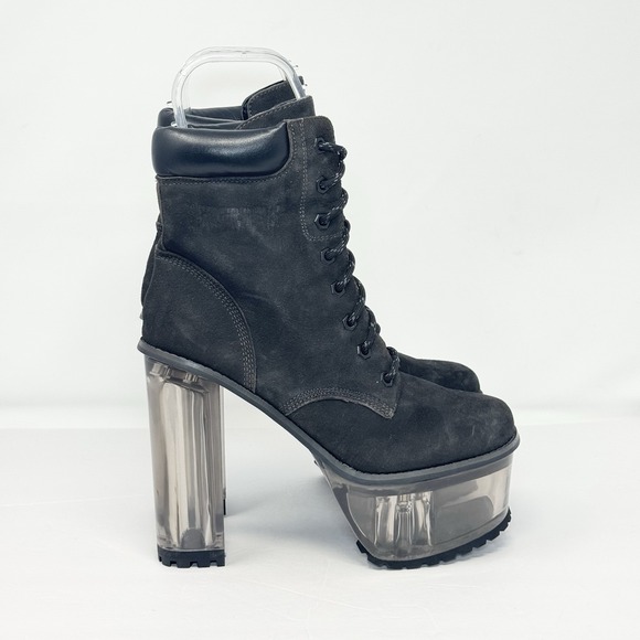 Dolls Kill Shoes - Dolls Kill Darker Wavs Kickdrum Clear Heeled Suede Work Boots Black Size 9